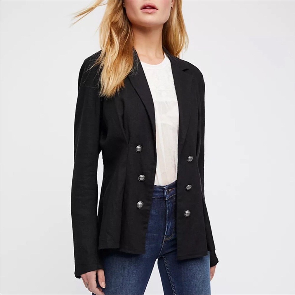 Free People cinched waist linen blend jacket black XS